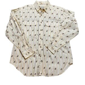 👚VTG Nell Flowers Cream Striped‎ Horse Print Button Up Shirt Size 10 ✨
